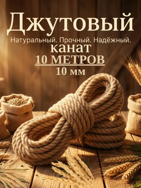 Канат джутовый 10 мм 10 м шнур веревка для когтеточки