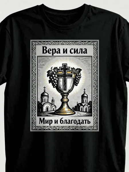 Футболка православной тематики Вера и сила с чашей, виноград