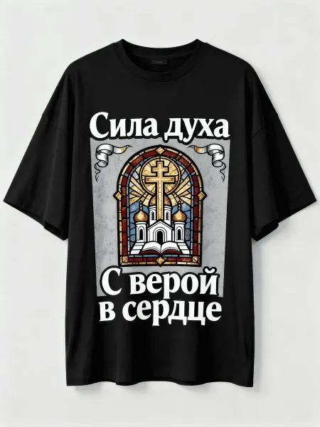 Футболка православного стиля с надписями Сила духа, С верой