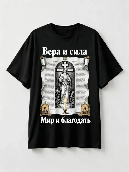 Футболка православная с изображением икон, Иисуса и цитатой