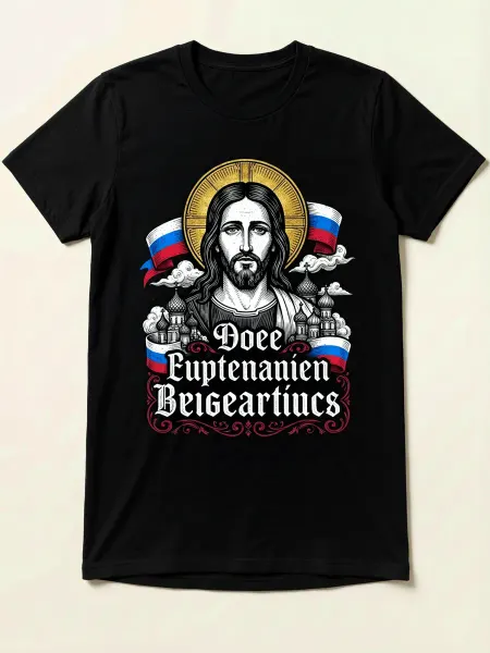 Футболка с изображением Иисуса, флагом России и православным