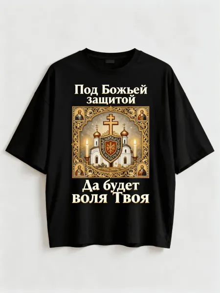 Футболка православная с церковным узором и иконами, подписью