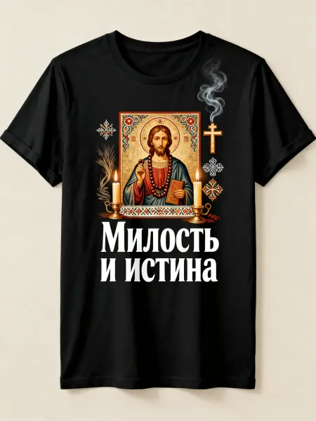 Футболка с иконой Спасителя в православном стиле, надписью «