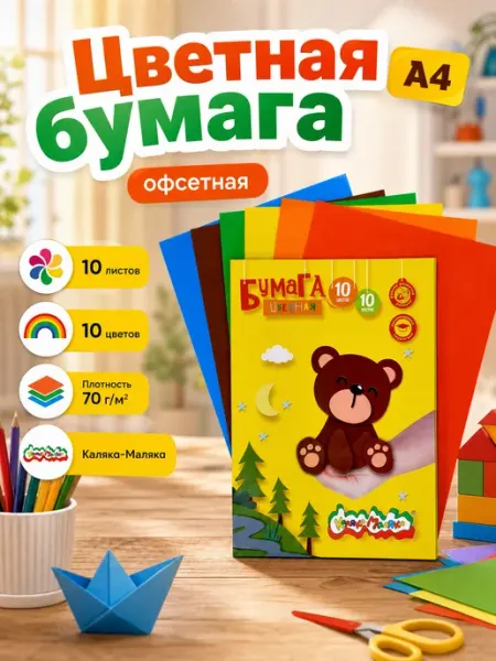 КАЛЯКА-МАЛЯКА Цветная бумага, односторонняя, 10 цветов 10 листов