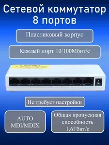Коммутатор сетевой свитч 8 портов,скорость портов 10/100 Мбит/с, питание 5В 1А, пластиковый корпус