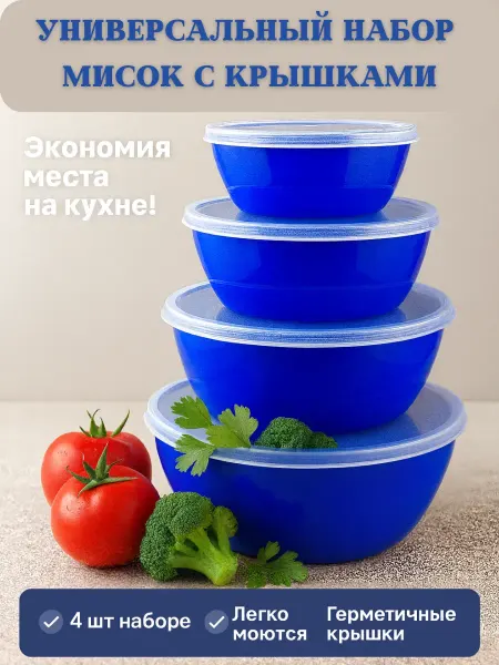 1001БАЙ Набор пластиковых мисок с крышкой 4 шт