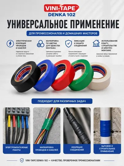Набор Изоленты VINI-TAPE Denka 102, ПВХ, 10 м, разноцветных