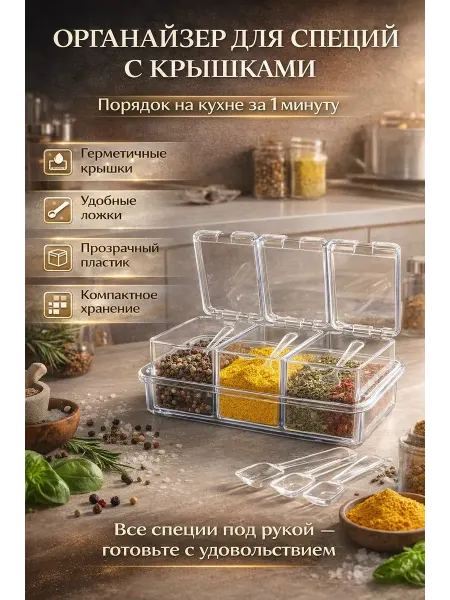 R023 Контейнер для специй с крышками и ложками 4 секции