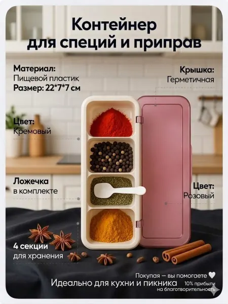 Контейнер для специй 4 секции с ложечкой герметичная крышка