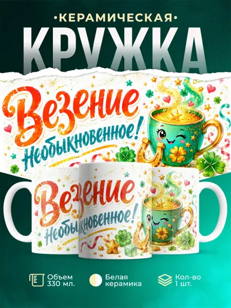 MADE_WITH_LOVE Кружка подарочная с клевером и подковой на удачу подарок