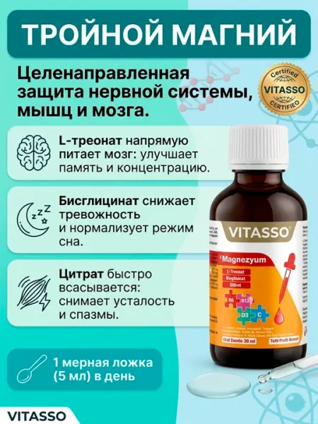 Магний для детей, Витамины Д3, Б6, Б12, капли Mag-ThreeOn Kids Vitasso, 30 мл