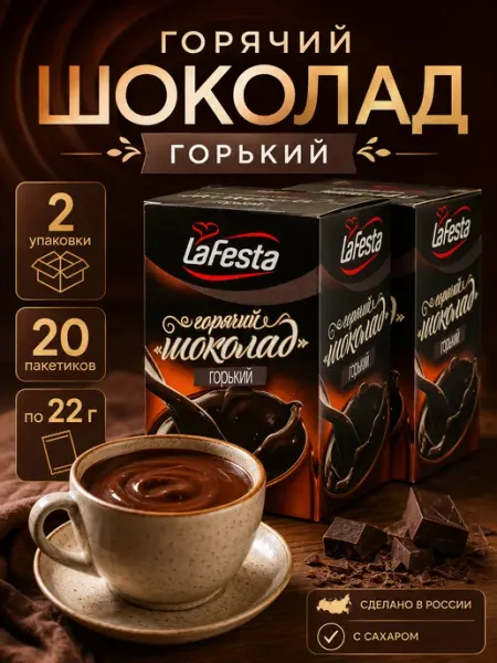 LA FESTA Горячий шоколад Горький, 2 упаковки по 10пак*22г