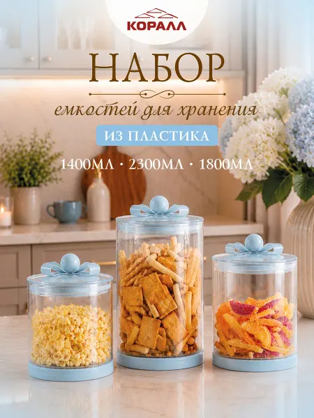 Коралл Банка для хранения с крышкой пластик набор 3 шт в п у