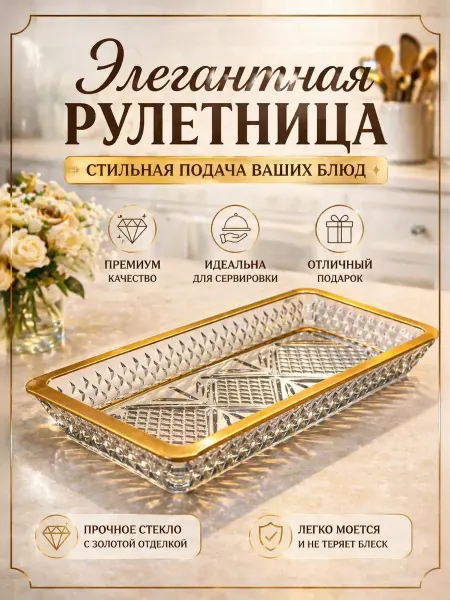 Рулетница стеклянная с золотом для блюд закусок сервировки