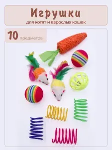 Набор игрушек для кошек 10 предметов FOXYION (морковка, 2 мышки, 2 шарика радужных, 4 пружинки , мячик с колокольчиком)