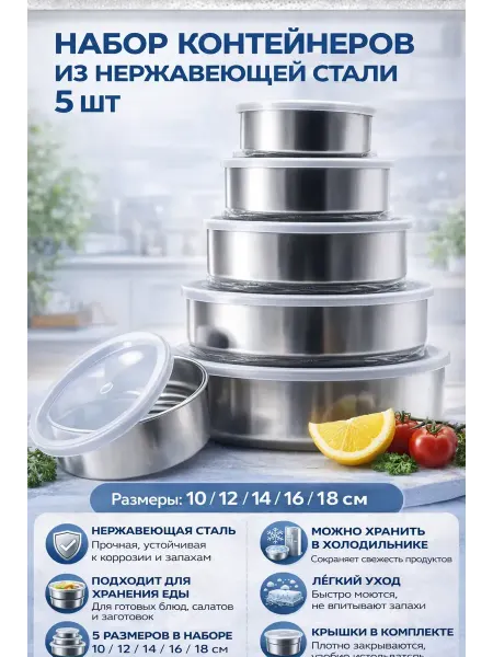 Геша Контейнеры из нержавеющей стали с крышками набор 5 шт