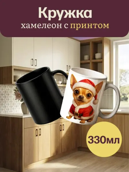 Кружки мечты Кружка хамелеон для чая и кофе Чихуахуа дед мороз новогодняя