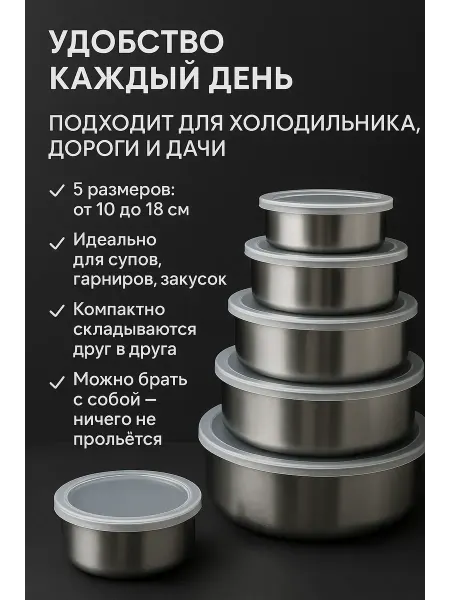 ЛИЛОК Пищевые контейнеры из нержавеющей стали с крышкой 5 шт набор