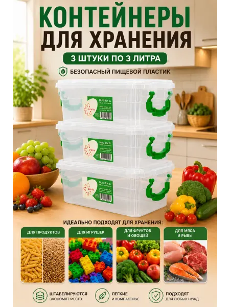 Контейнеры для хранения пластиковые 3л в наборе 3 шт