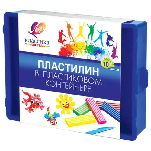 Пластилин классический ЛУЧ Классика 10 цветов, 200 г, со стеком, пластиковый контейнер