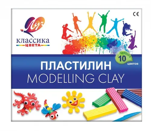 Пластилин 10цв 200г Луч "Классика", со стеком, картонная упаковка