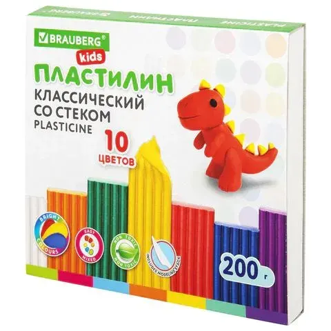 Пластилин классический brauberg kids, 10 цветов, 200 г, со стеком, ,(набор из 2 шт)