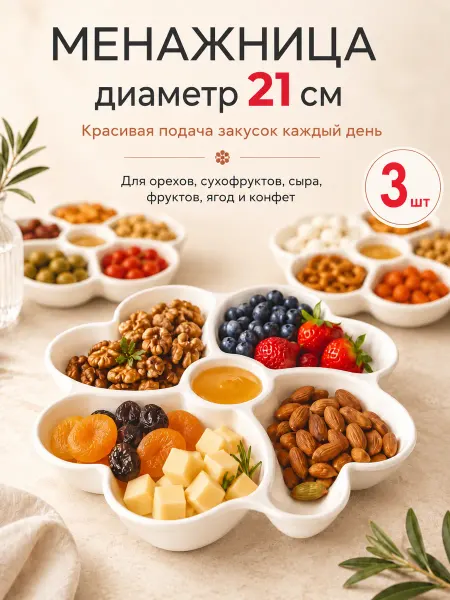 Mix Ell Менажница пластиковая 21 см тарелка для закусок 4 секции 3шт
