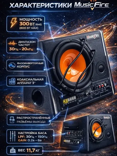 MusicFire MF-1310 — Активный сабвуфер 10″, 3000 Вт для автомобиля