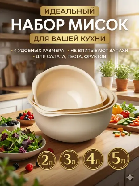 SABURG Набор мисок кухонных пластиковых для салата и теста 4 шт