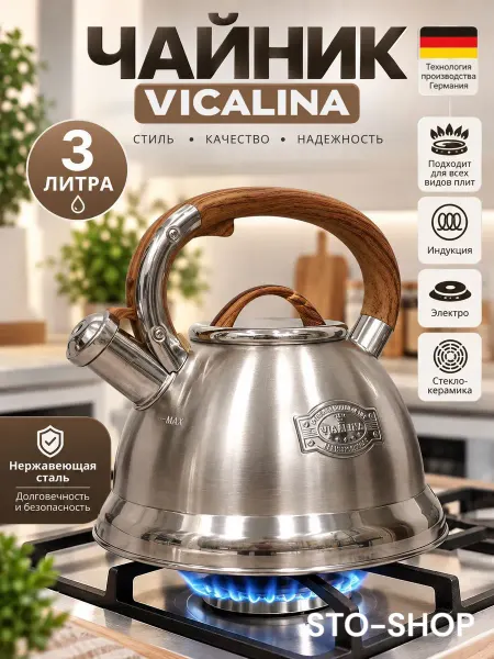 Чайник для плиты со свистком VICALINA 3л с печатью дер