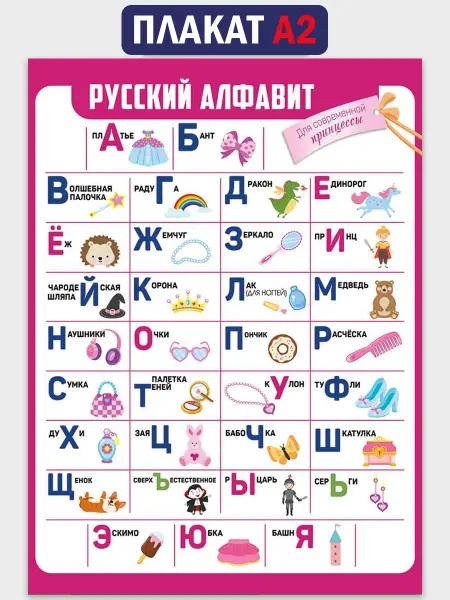 ТМ Империя поздравлений Обучающий плакат алфавит русский язык для девочки А2