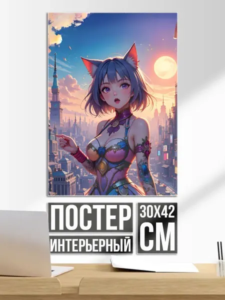 Постер на стену Аниме девушка-кошка в фантастическом городе