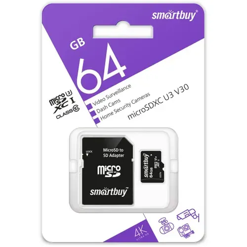 Карта памяти для систем видеонаблюдения MicroSDXC 64 Gb SmartBuy class 10 U3 V30 (SB64GBSDCCTV)