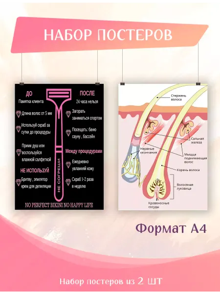 POSTERNAK Постеры 2 шт А4 Депиляция шугаринг уход за лицом и телом 2,4