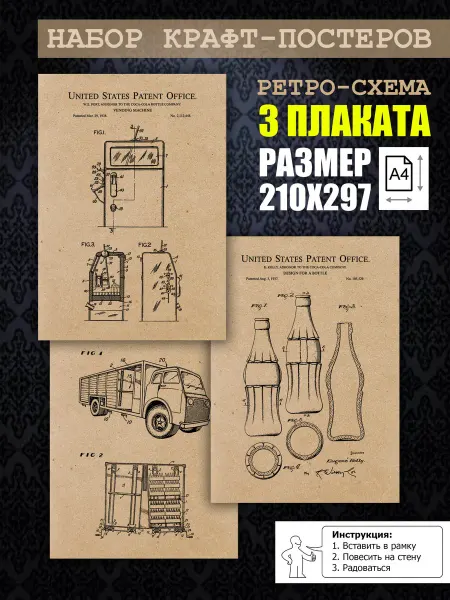Нет бренда Постер ретро патенты Ретро Coca-Cola, А4 (21х29) 3 шт