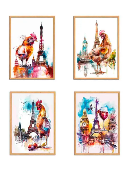 Птица курица Пьет Вино, 4 Плаката, 30x21см