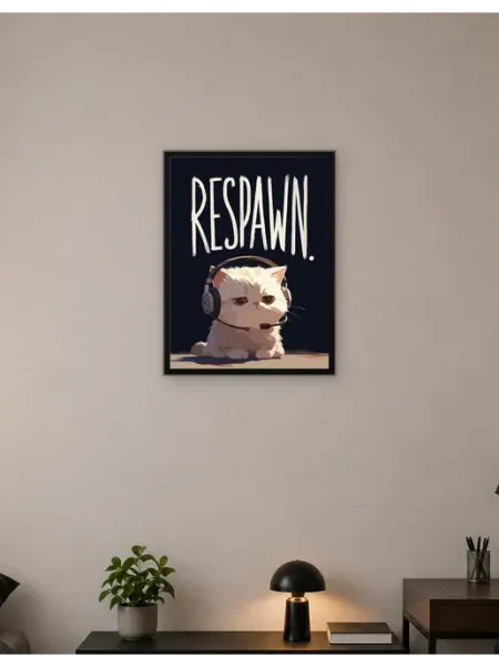 Postersbase Постер Милый кот-геймер с текстом «РЕСпаун» 30x40