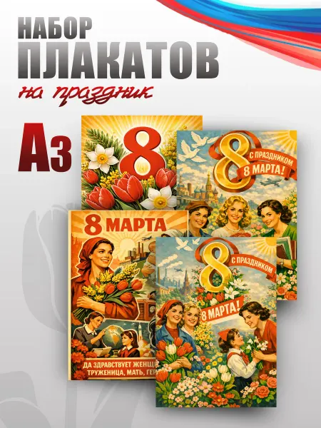 НАШЕ Store Набор плакатов А3, оформление школы на 8 марта, ретро СССР