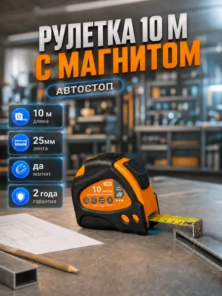 TDM Electric Рулетка строительная 10м с автостопом с магнитом