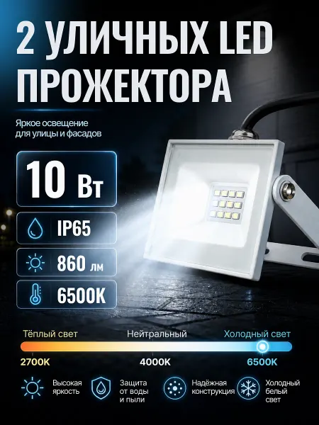 General Lighting Systems Светодиодный светильник прожектор 10 Вт уличный IP65 2шт