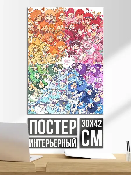 Плакат постер Радужный коллаж аниме персонажей