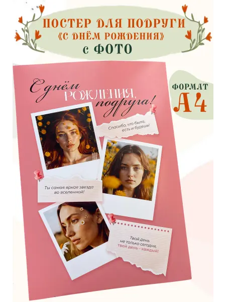 Постер с вашими фото для подруги "с днём рождения!"