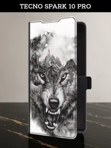 Чехол-книжка на Tecno Spark 10 Pro (Техно Спарк10 Про) с картой и принтом "Волк в горах"