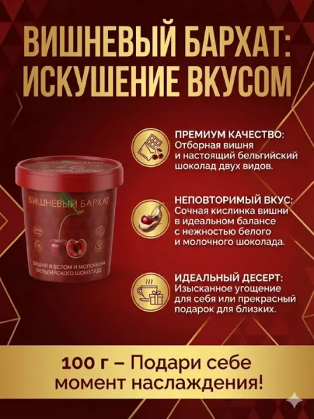 Десерт «Вишневый Бархат»: Вишня в белом и молочном бельгийском шоколаде, 100 г