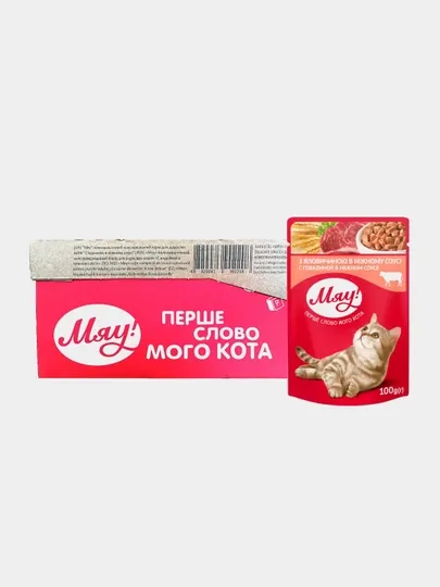 Влажный корм Мяу, для взрослых кошек, говядина в нежном соусе, 100 г, 24 шт