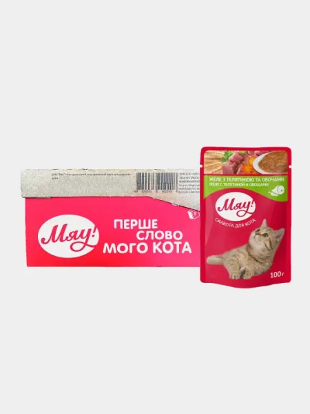 Влажный корм Мяу, для взрослых кошек, телятиной с овощами в желе, 100 г, 24 шт