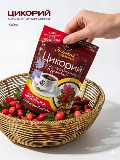 Цикорий растворимый Золотой корешок с экстрактом шиповника, порошкообразный, 100 г