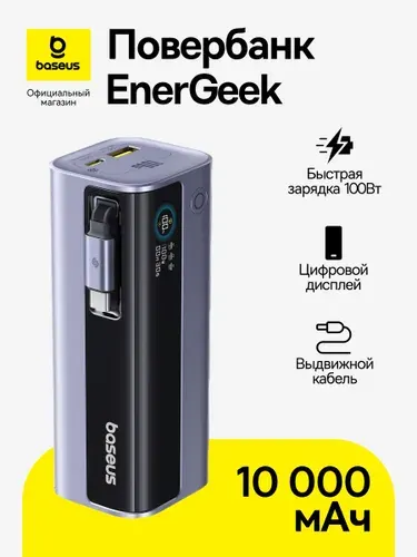 Повербанк Baseus EnerGeek GR11 / Внешний аккумулятор с цифровым дисплеем / Powerbank 10000 мАч 100 Вт, серый (с выдвижным кабелем Type-C)