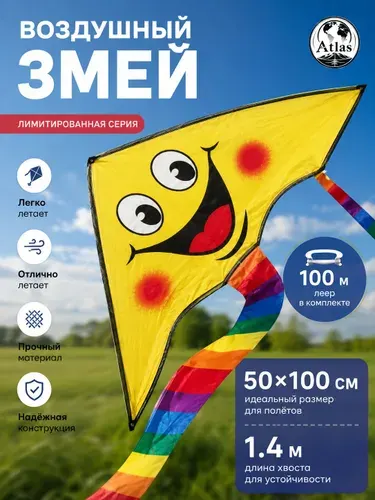 Детский воздушный змей с рисунком улыбающегося лица, уличная игрушка, катушкой 100 м, размер 100190 см