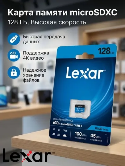 Карта памяти Lexar microSDXC 32/128/256 ГБ, A1, V30, 4K, до 100 МБ/с, UHS-I